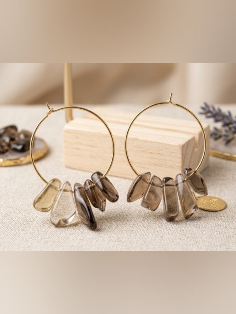 Smokey Quartz Crystal Gold Hoop Earrings - Boho Natural